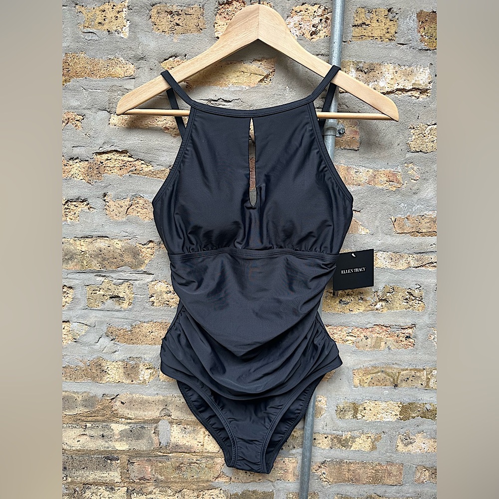 NWT Ellen Tracy size 10 One Piece High Square Neck Swimsuit Black Ruching